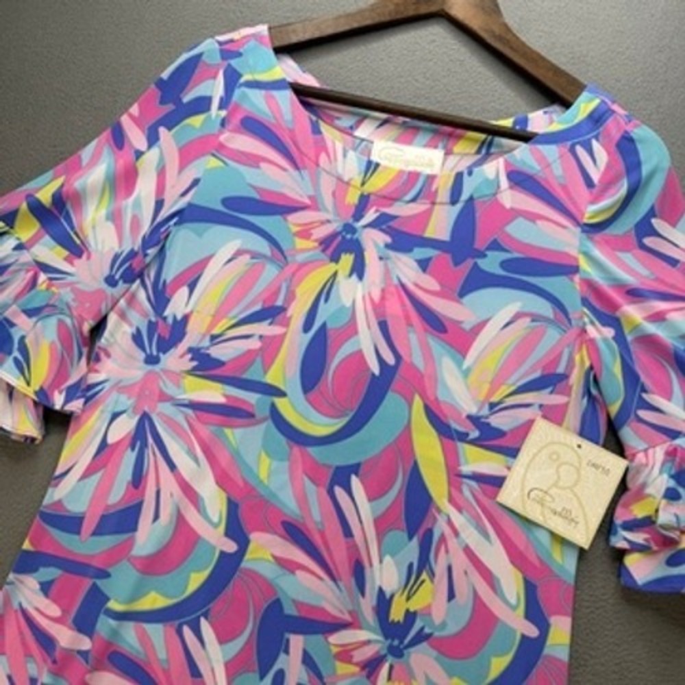 Pappagallo Cactus Rose Combo Shift Dress Regular Size M Pink Blue Floral Ruffle
